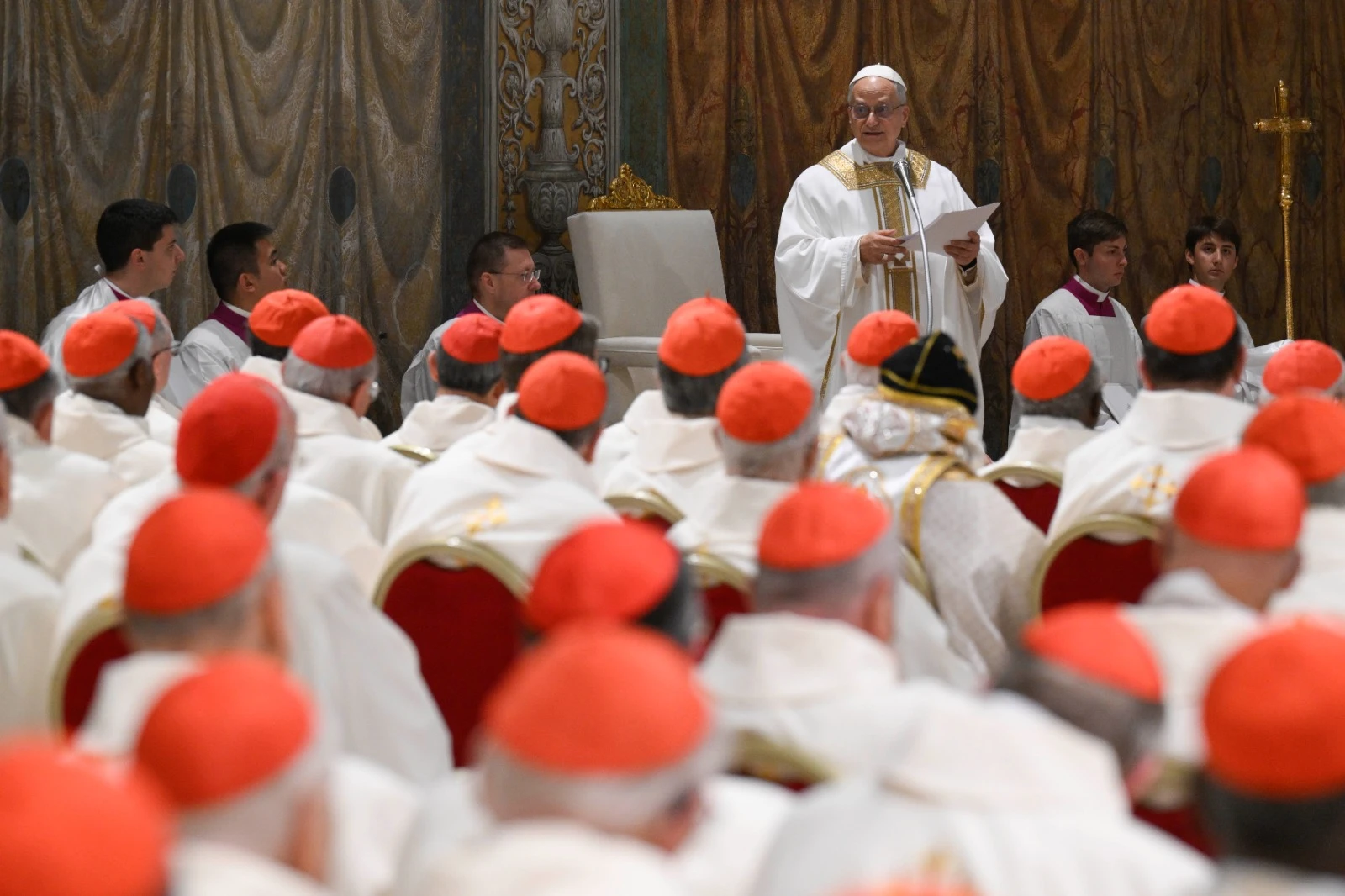 Pope Leo XIV addresses cardinals in the Sistine Chapel during his first Mass as pope on Friday, May 9, 2025.?w=200&h=150