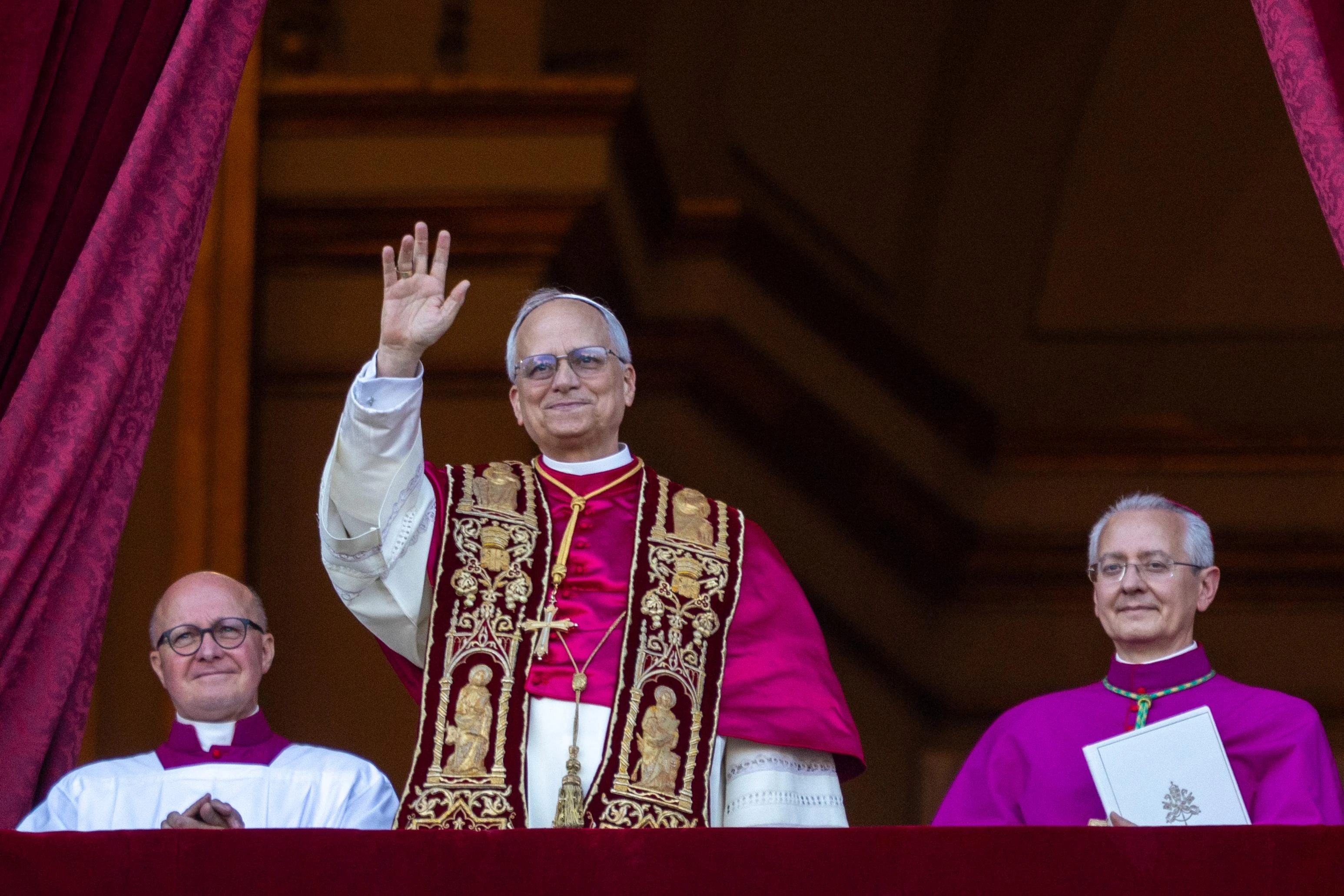 Pope Leo XIV waves to pilgrims in St. Pete’s Square shortly after his election on Thursday, May 8, 2025.?w=200&h=150