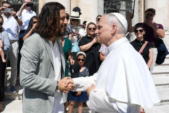 Jonathan Roumie, the actor who plays Jesus in the series “The Chosen,” greets Pope Leo XIV at the end of Wednesday’s general audience on June 25, 2025, in St. Peter’s Square at the Vatican.?w=200&h=150