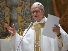 Pope Leo XIV gives the homily at Mass with the cardinale electors in the Sistine Chapel on May 9, 2025.