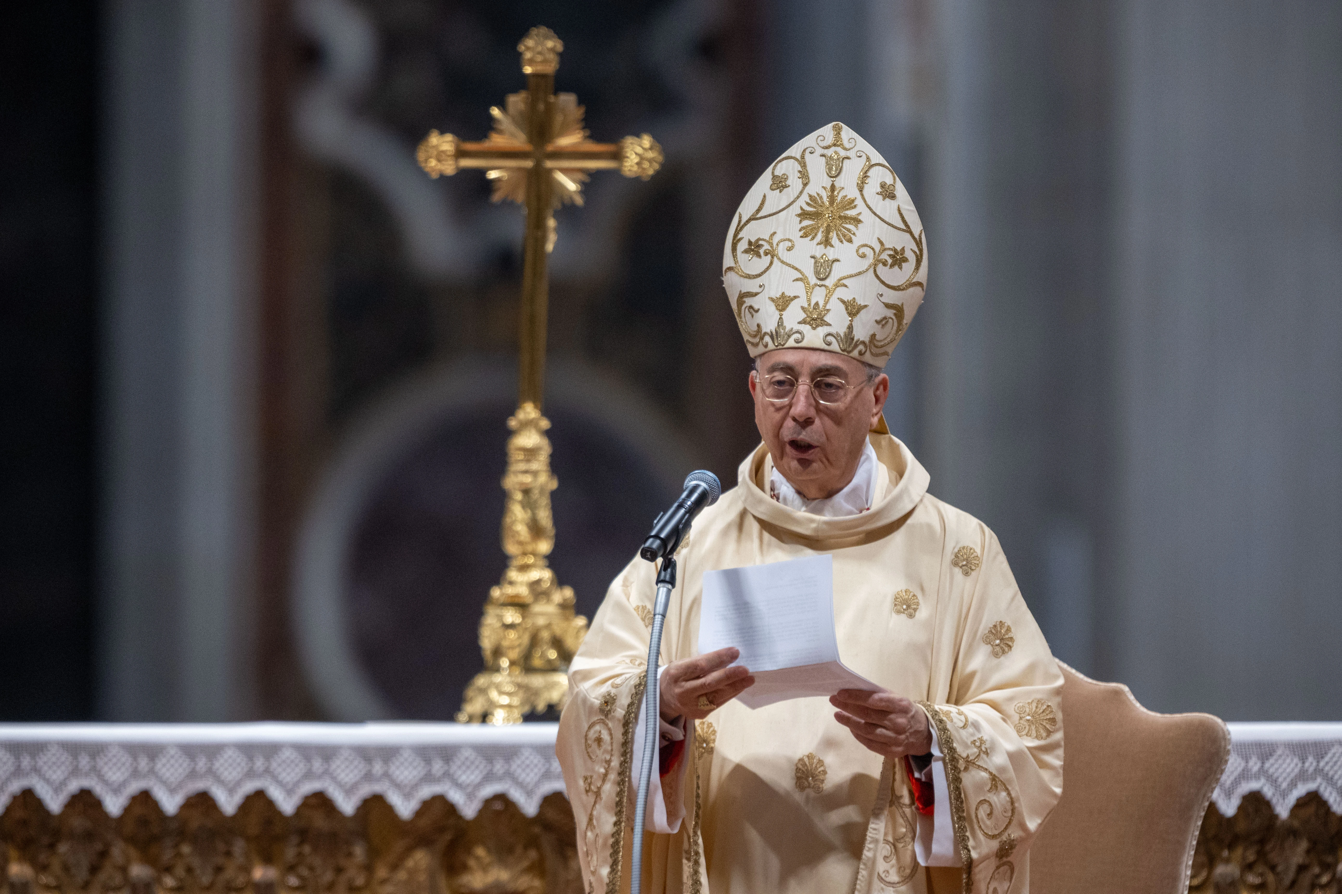 Cardinal Dominique Mamberti delivers his homily during the ninth Novendiales Mass for Pope Francis on the third Sunday of Easter, May 4, 2025, at St. Peter’s Basilica in the Vatican.?w=200&h=150