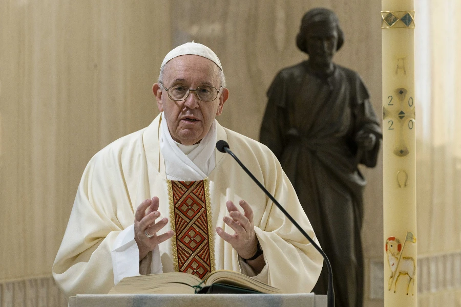 Pope Francis celebrates Mass in the chapel of the Casa Santa Marta on May 1, 2020, the feast of St. Joseph the Worker.?w=200&h=150