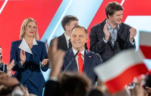 Karol Nawrocki, presidential candidate of the Law and Justice Party (PiS), speaks to supporters following the Polish presidential runoff election on June 1, 2025. Credit: Marek Antoni Iwaczuk/SOPA Images/LightRocket via Getty Images