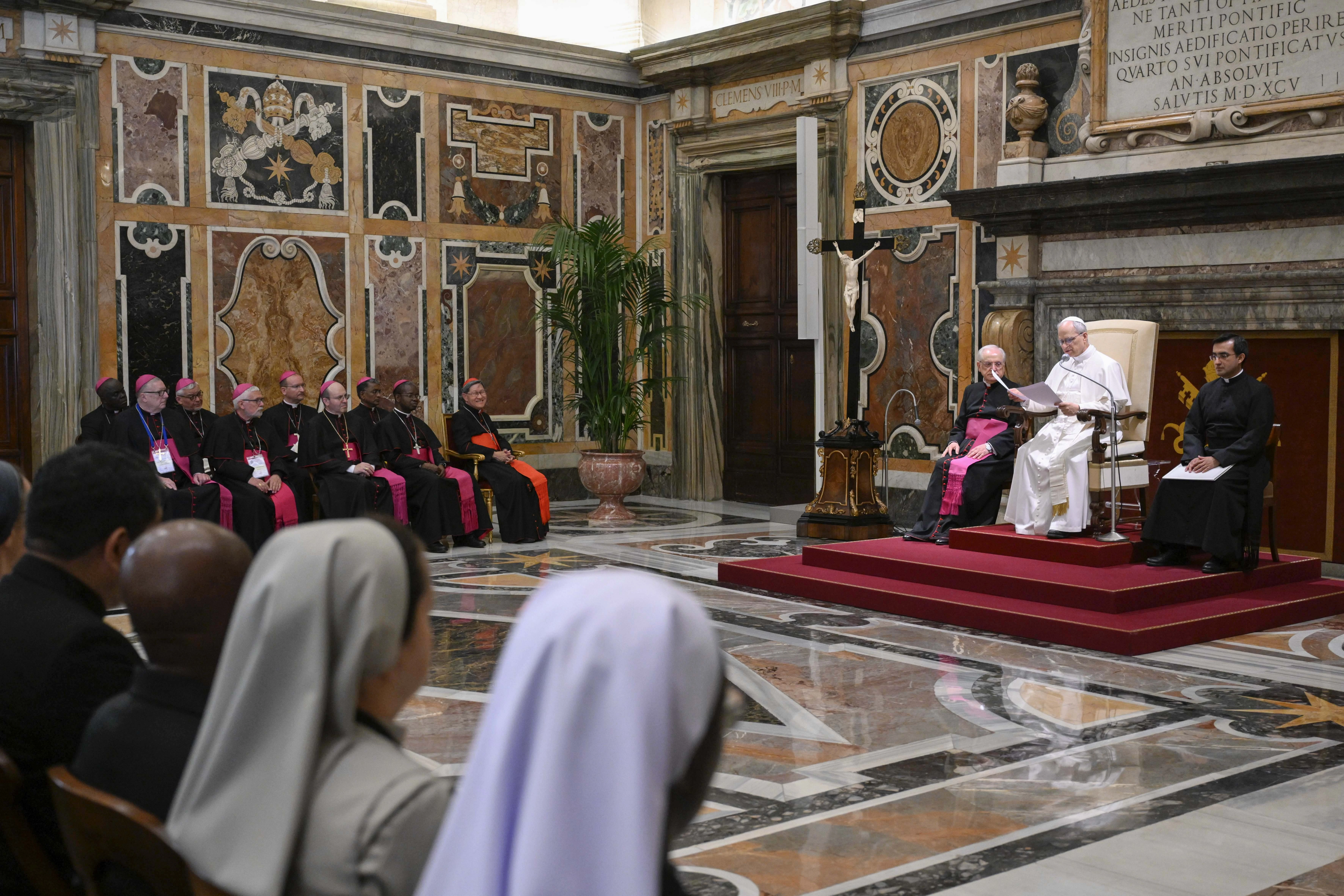 Pope Leo XIV addresses members of the Pontifical Missions Societies on May 22, 2025, at the Vatican.?w=200&h=150